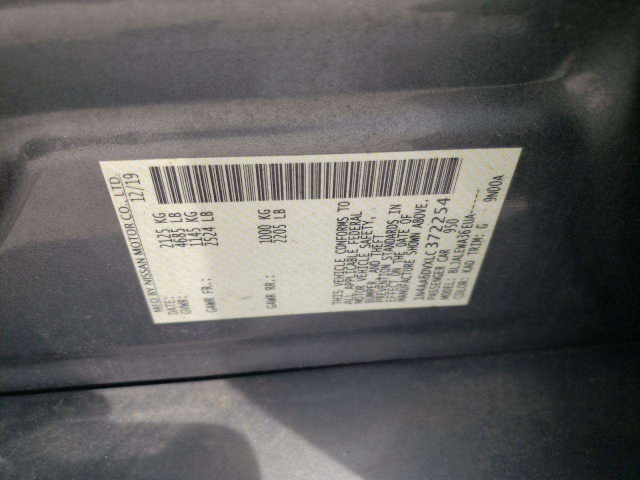 2020 Nissan Maxima Sl VIN: 1N4AA6DVXLC372254 Lot: 64856975