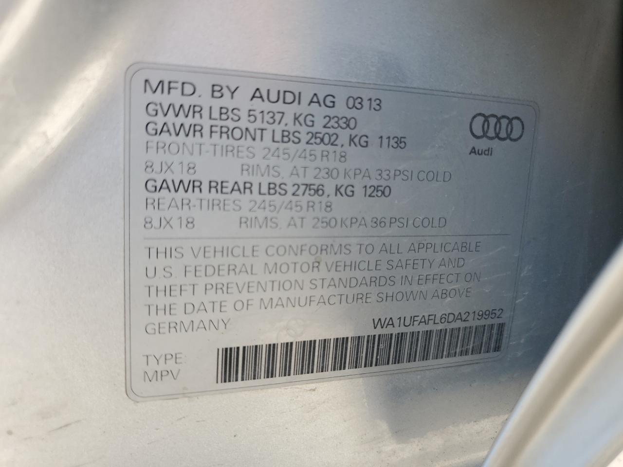 2013 Audi A4 Allroad Premium Plus VIN: WA1UFAFL6DA219952 Lot: 63997005