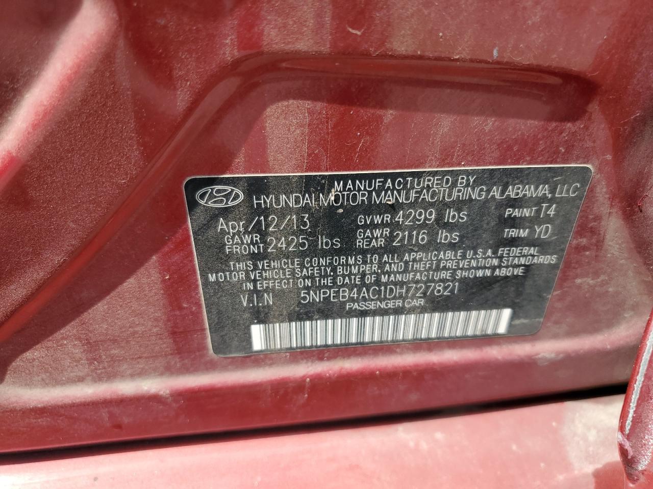 2013 Hyundai Sonata Gls VIN: 5NPEB4AC1DH727821 Lot: 63524185
