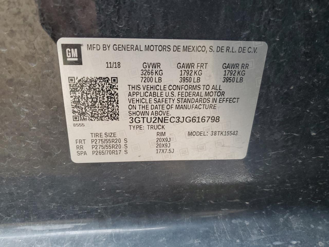 2018 GMC Sierra K1500 Slt VIN: 3GTU2NEC3JG616798 Lot: 65025905