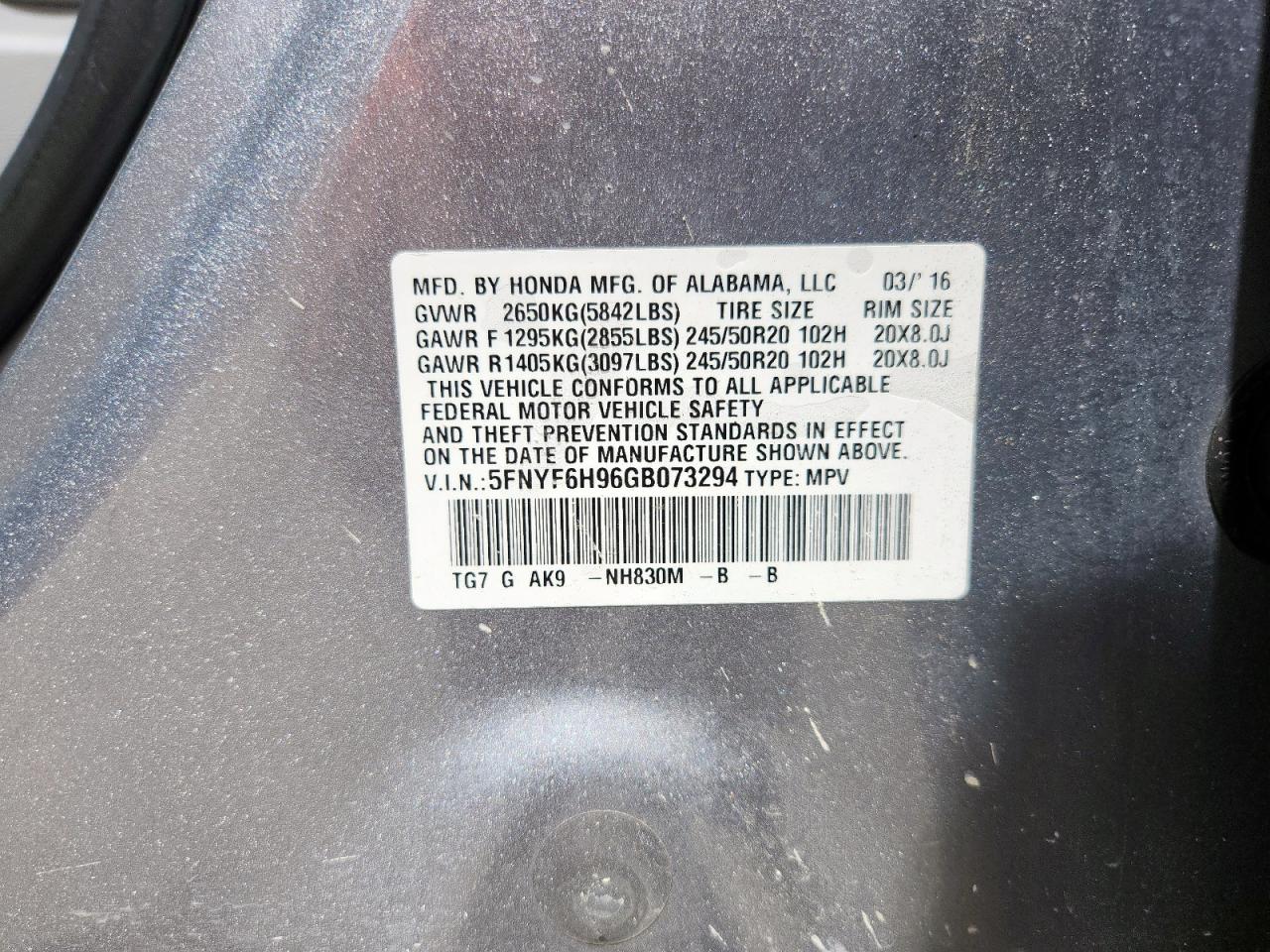 2016 Honda Pilot Touring VIN: 5FNYF6H96GB073294 Lot: 65474825