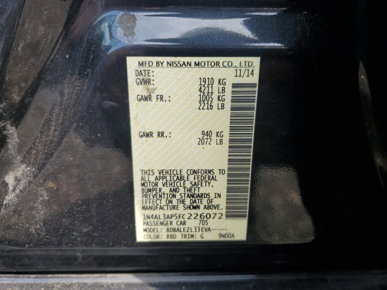 2015 Nissan Altima 2.5 VIN: 1N4AL3AP5FC226072 Lot: 65156535