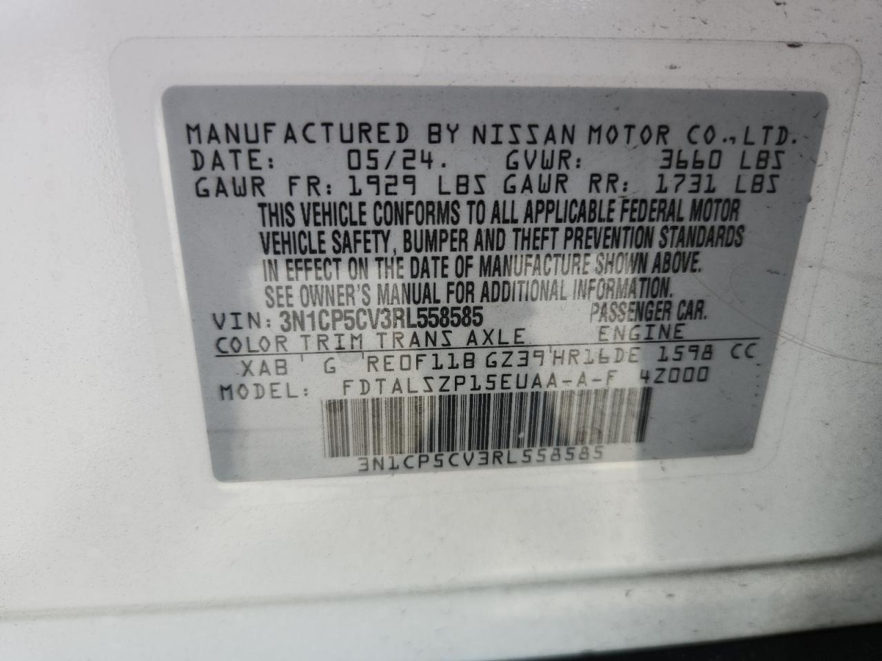 2024 Nissan Kicks Sv VIN: 3N1CP5CV3RL558585 Lot: 65496315