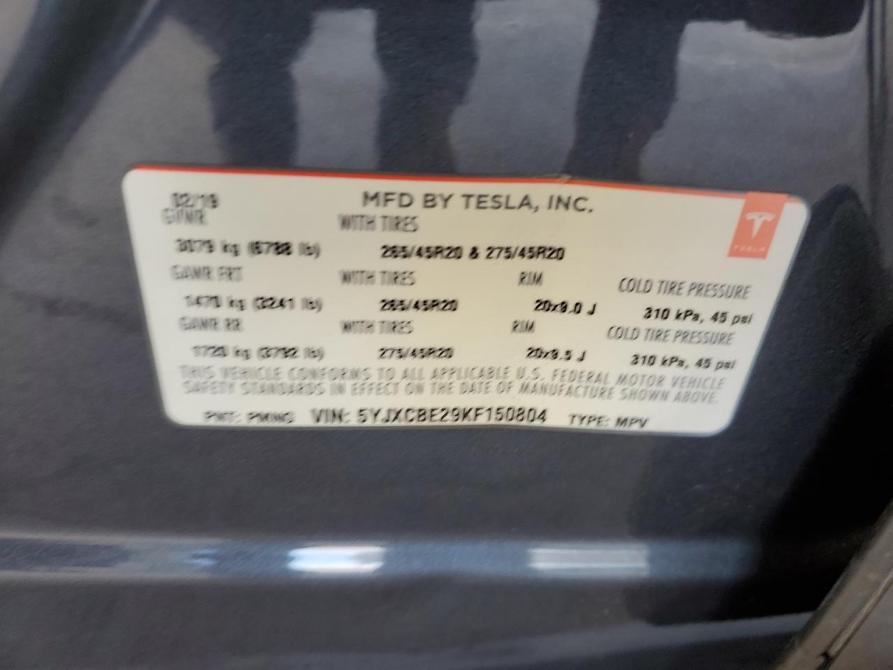 2019 Tesla Model X VIN: 5YJXCBE29KF150804 Lot: 64625325