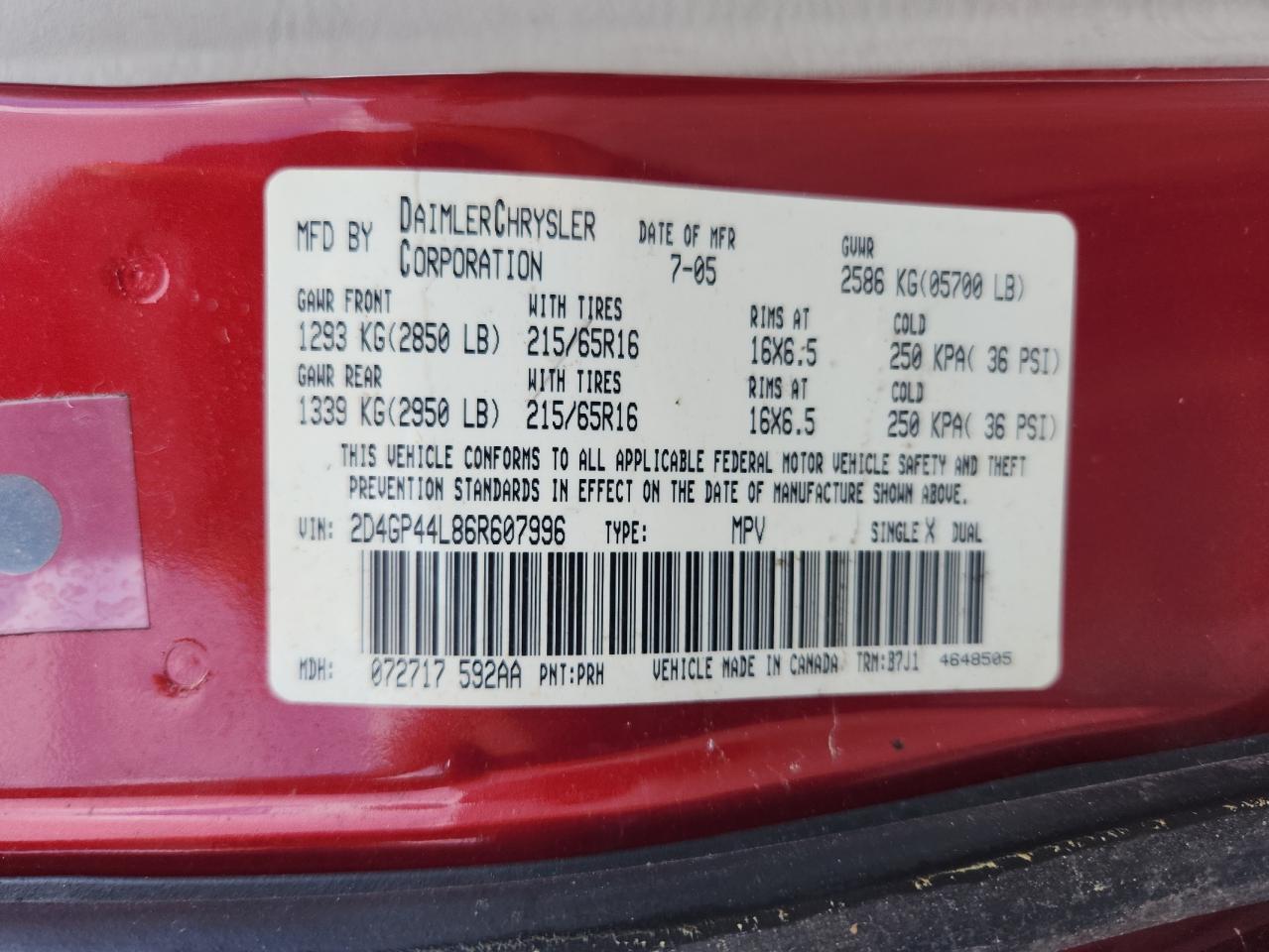 2006 Dodge Grand Caravan Sxt VIN: 2D4GP44L86R607996 Lot: 63152215