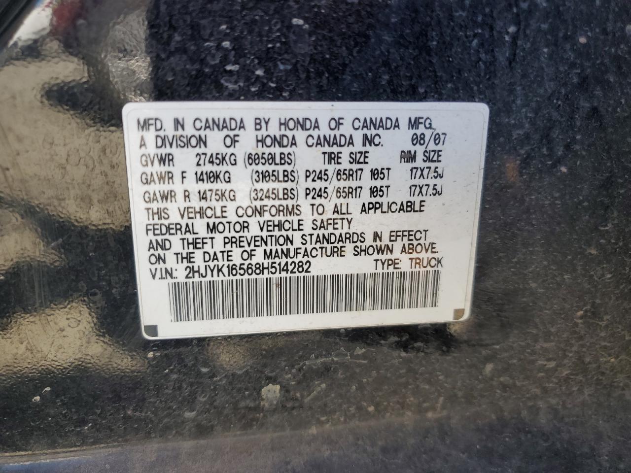 2hjyk16568h514282 2HJYK16568H514282 2008 Honda Ridgeline Rtl