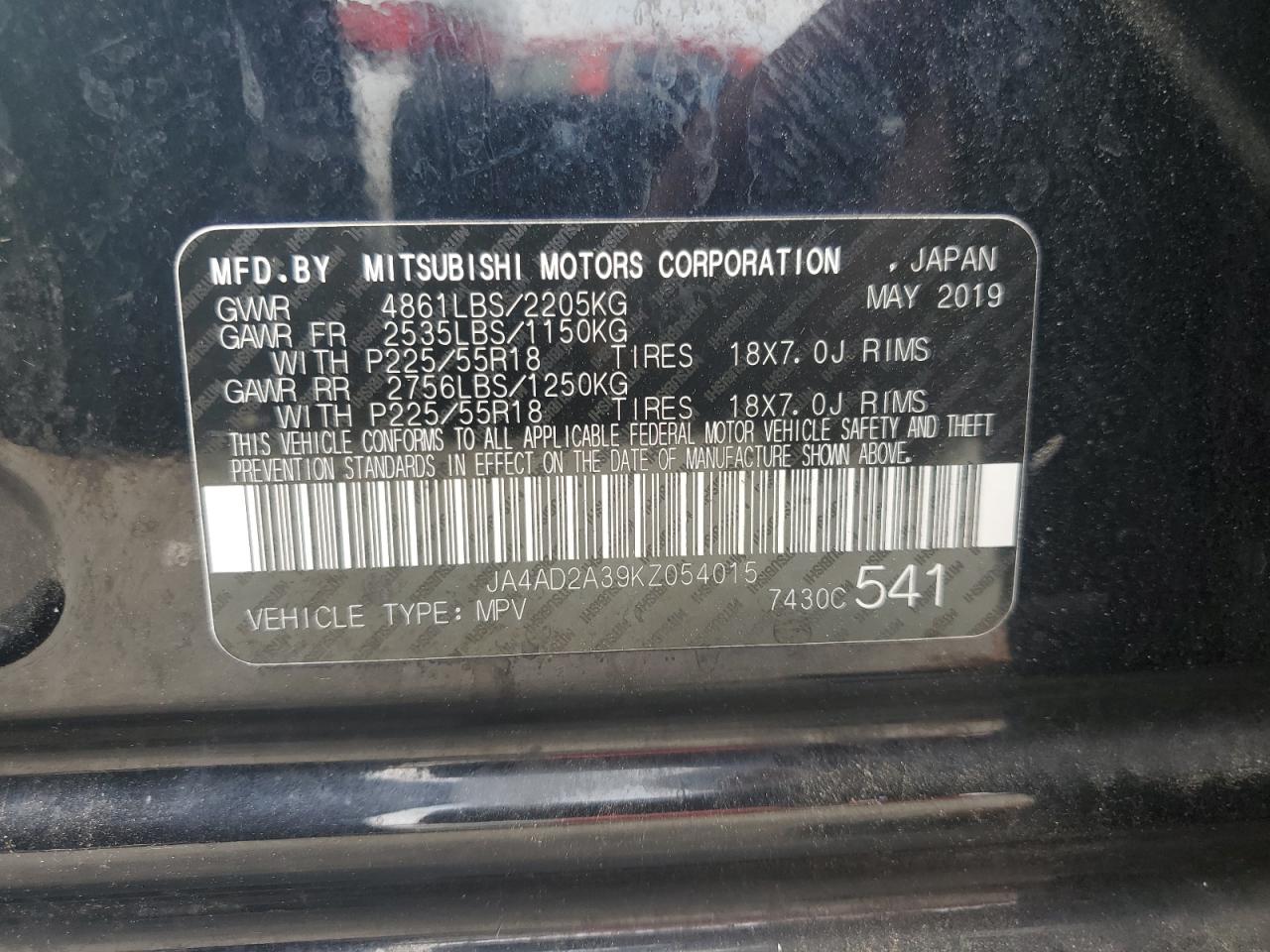 2019 Mitsubishi Outlander Es VIN: JA4AD2A39KZ054015 Lot: 65226425