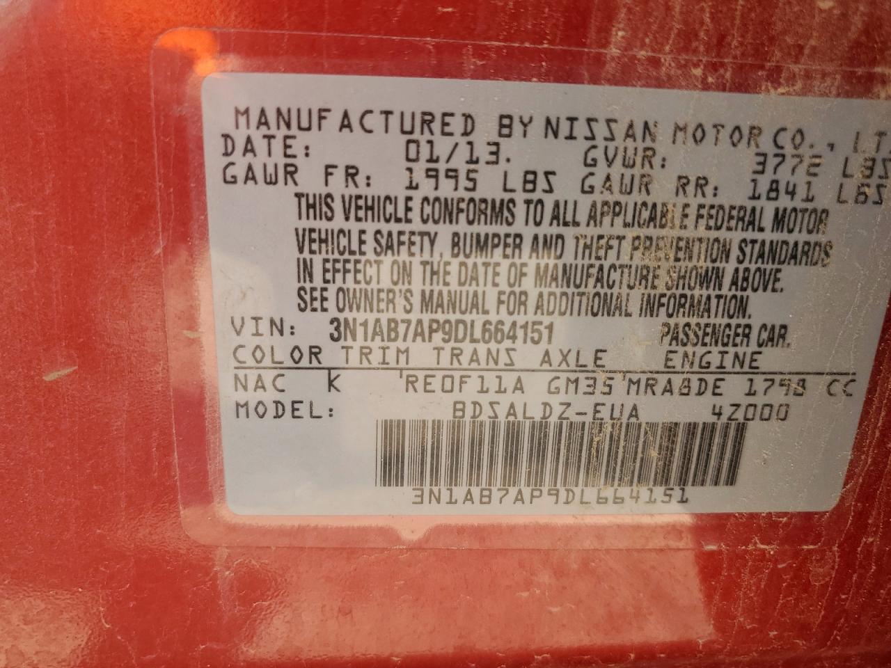 2013 Nissan Sentra S VIN: 3N1AB7AP9DL664151 Lot: 65585615