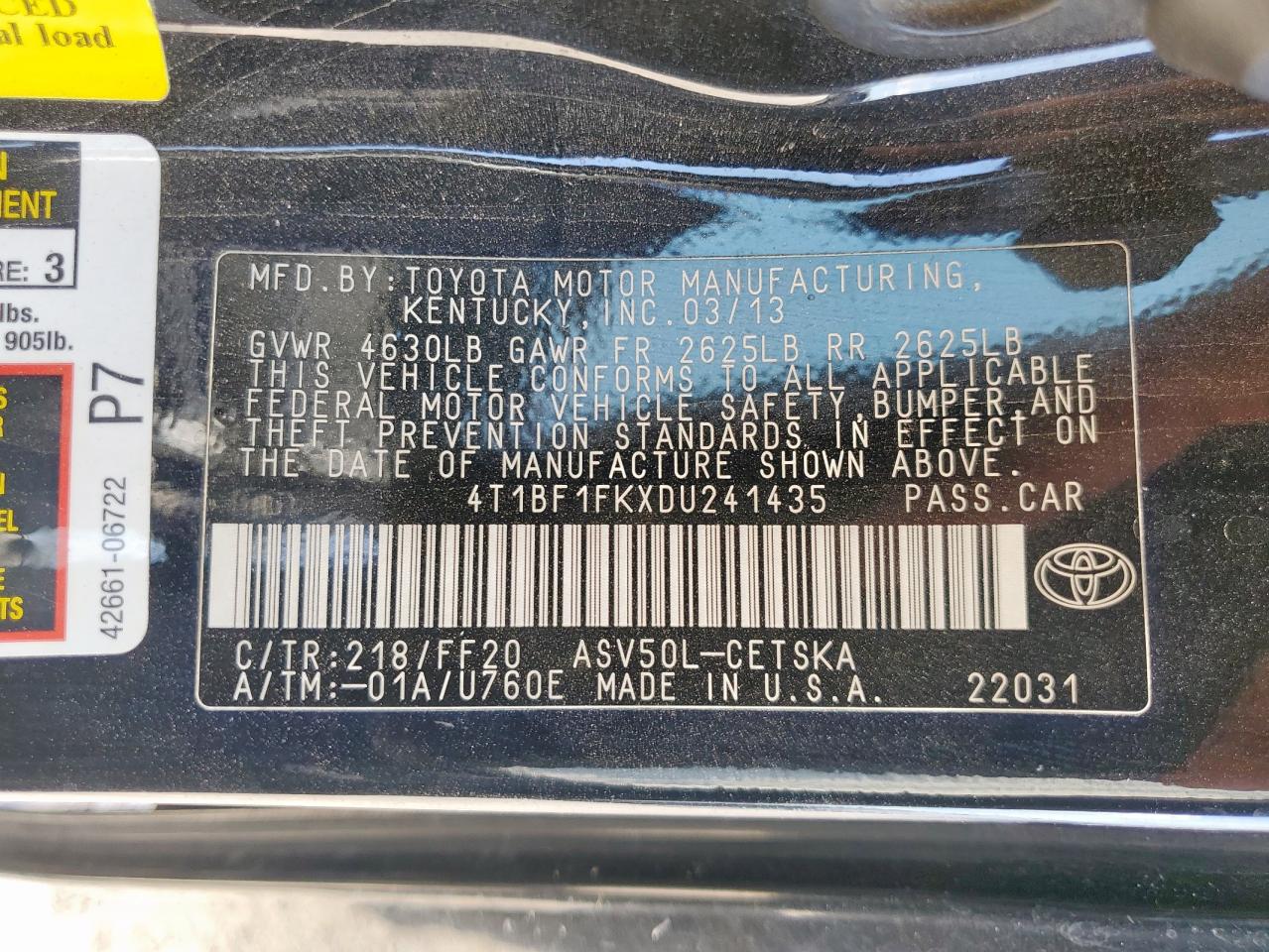 2013 Toyota Camry L VIN: 4T1BF1FKXDU241435 Lot: 65334505