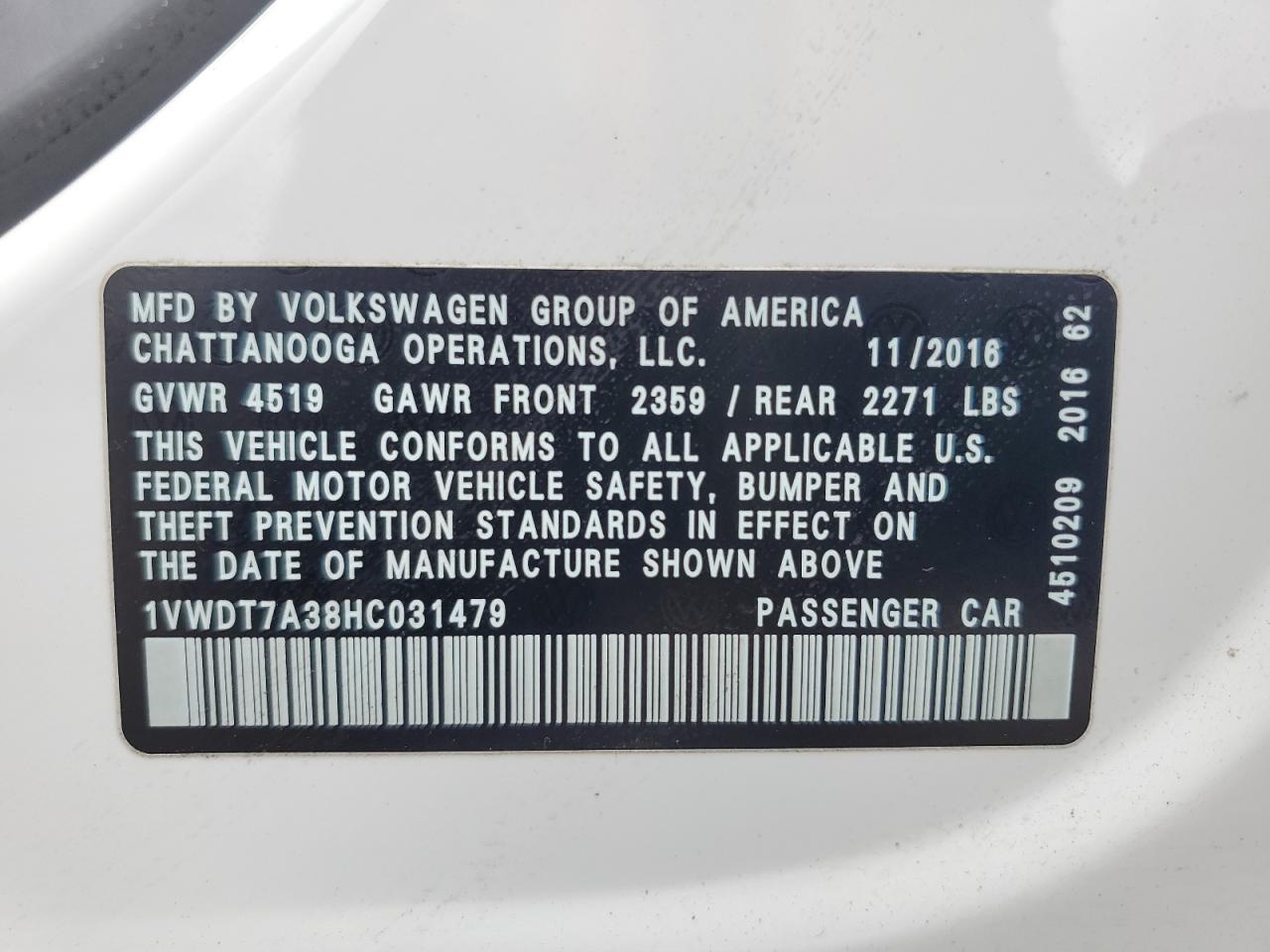 2017 Volkswagen Passat R-Line VIN: 1VWDT7A38HC031479 Lot: 64720935