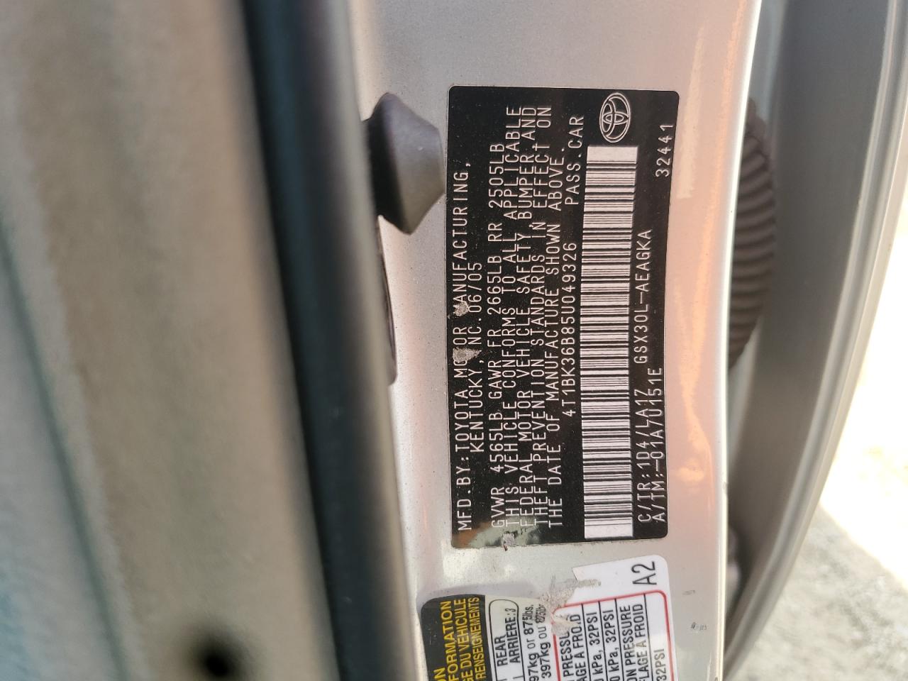 2005 Toyota Avalon Xl VIN: 4T1BK36B85U049326 Lot: 63470335