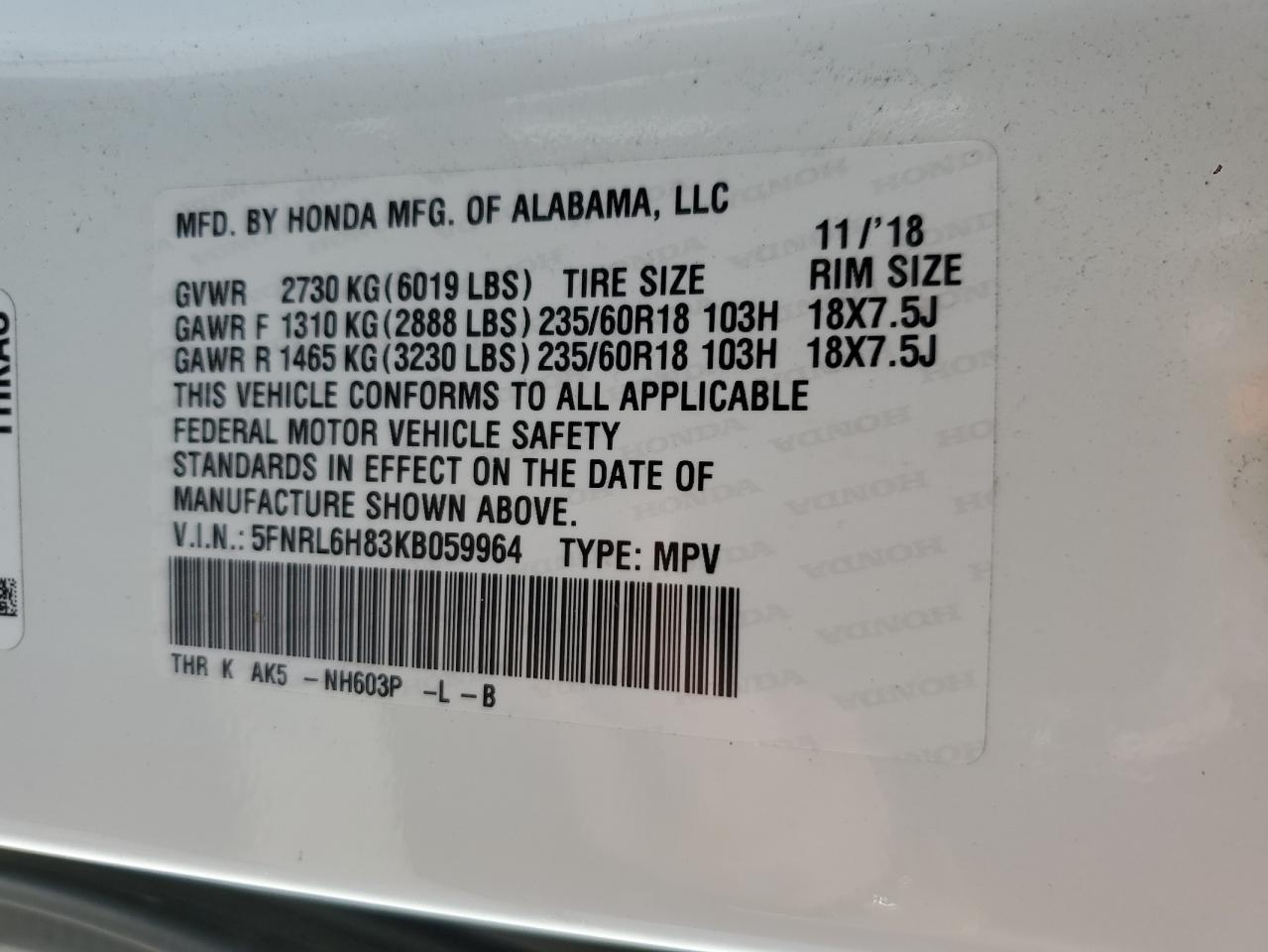 2019 Honda Odyssey Touring VIN: 5FNRL6H83KB059964 Lot: 64703575