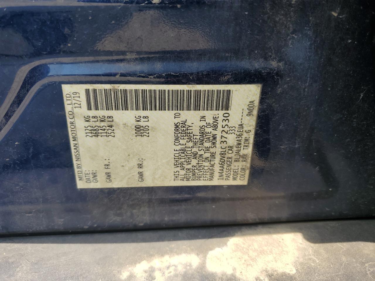 2020 Nissan Maxima Sl VIN: 1N4AA6DV8LC372530 Lot: 66728685