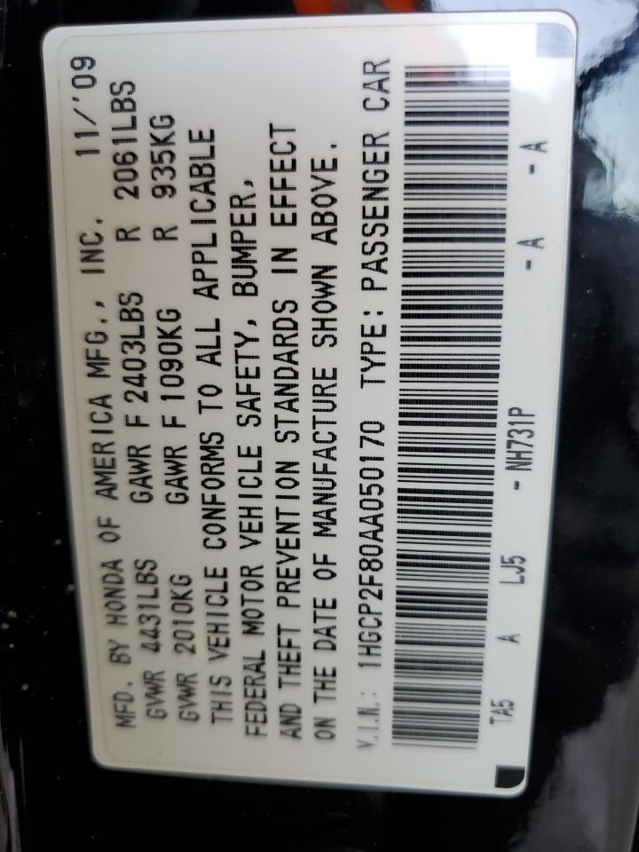 2010 Honda Accord Exl VIN: 1HGCP2F80AA050170 Lot: 64304425
