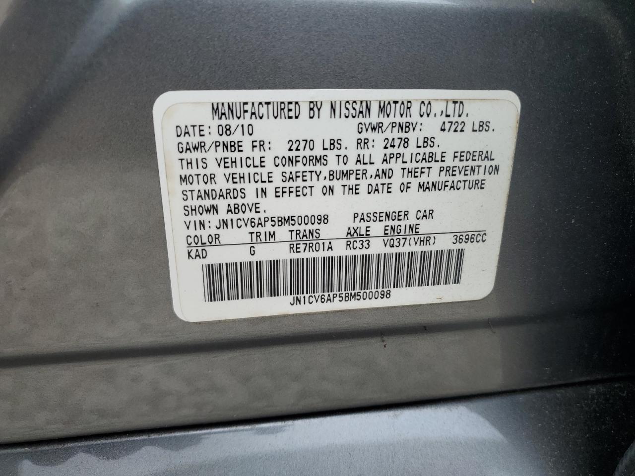 2011 Infiniti G37 Base VIN: JN1CV6AP5BM500098 Lot: 65954795