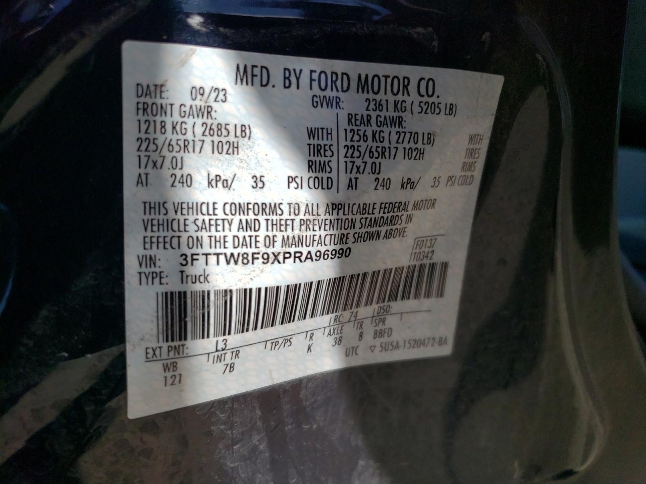 2023 Ford Maverick Xl VIN: 3FTTW8F9XPRA96990 Lot: 63101095