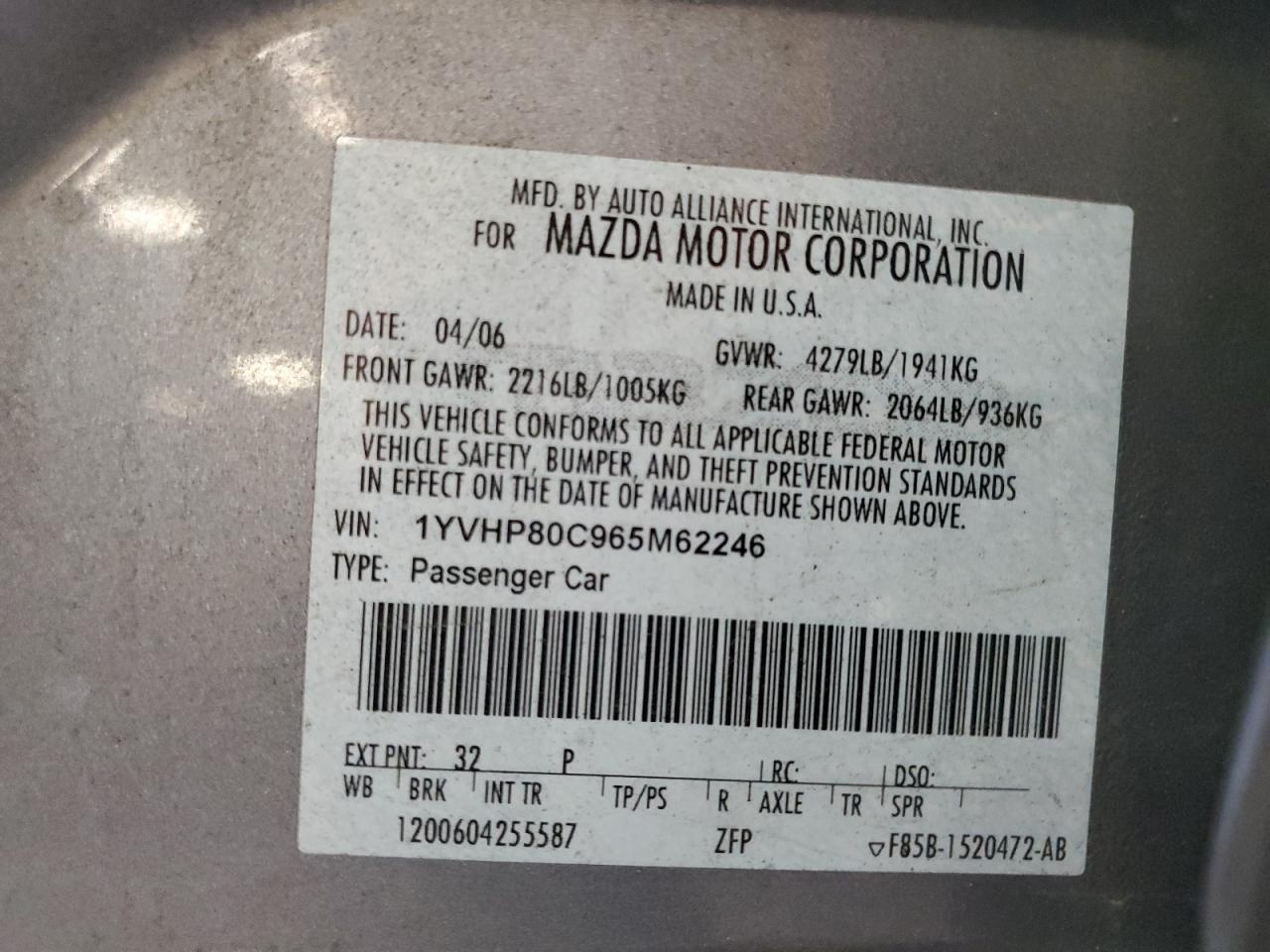 2006 Mazda 6 I VIN: 1YVHP80C965N62246 Lot: 64842645