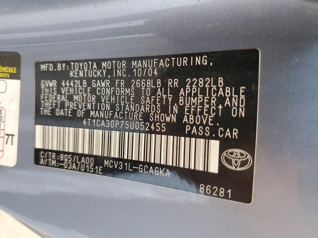 2005 Toyota Camry Solara Se VIN: 4T1CA30P75U052455 Lot: 66299995