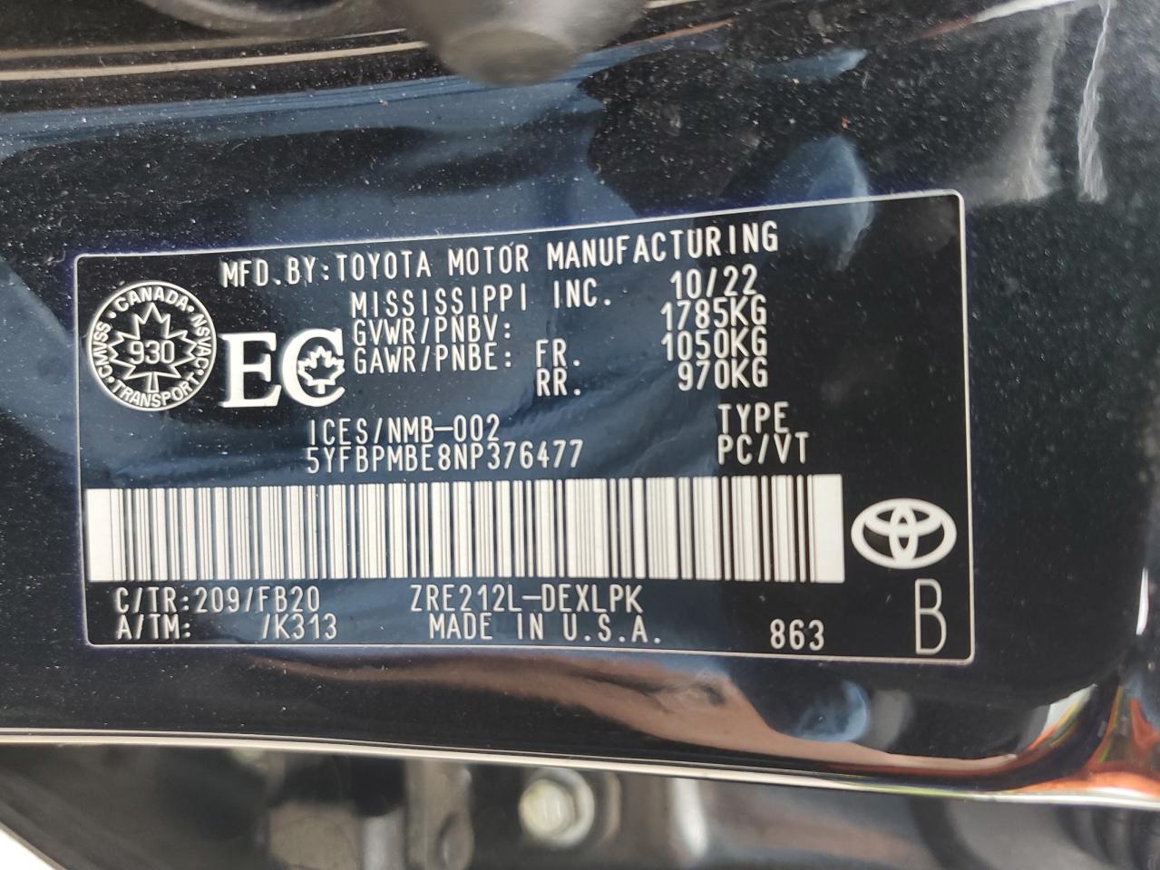 5yfbpmbe8np376477 5YFBPMBE8NP376477 2022 Toyota Corolla Le