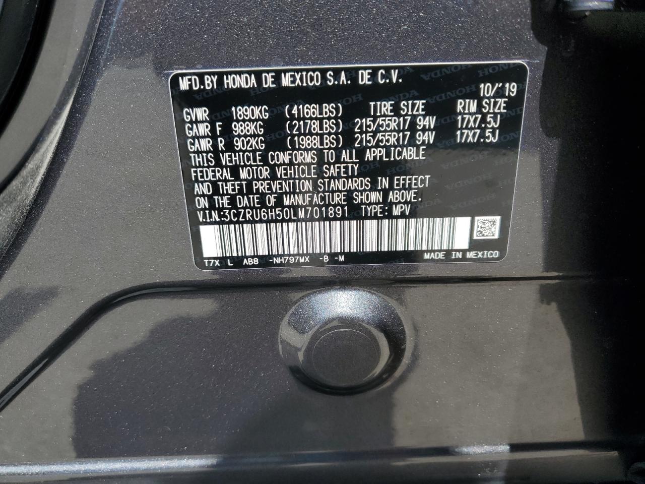 2020 Honda Hr-V Ex VIN: 3CZRU6H50LM701891 Lot: 62901055