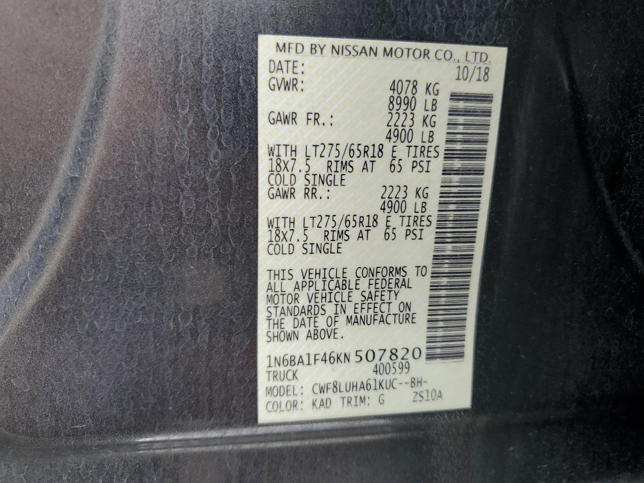 2019 Nissan Titan Xd Sl VIN: 1N6BA1F46KN507820 Lot: 64928625