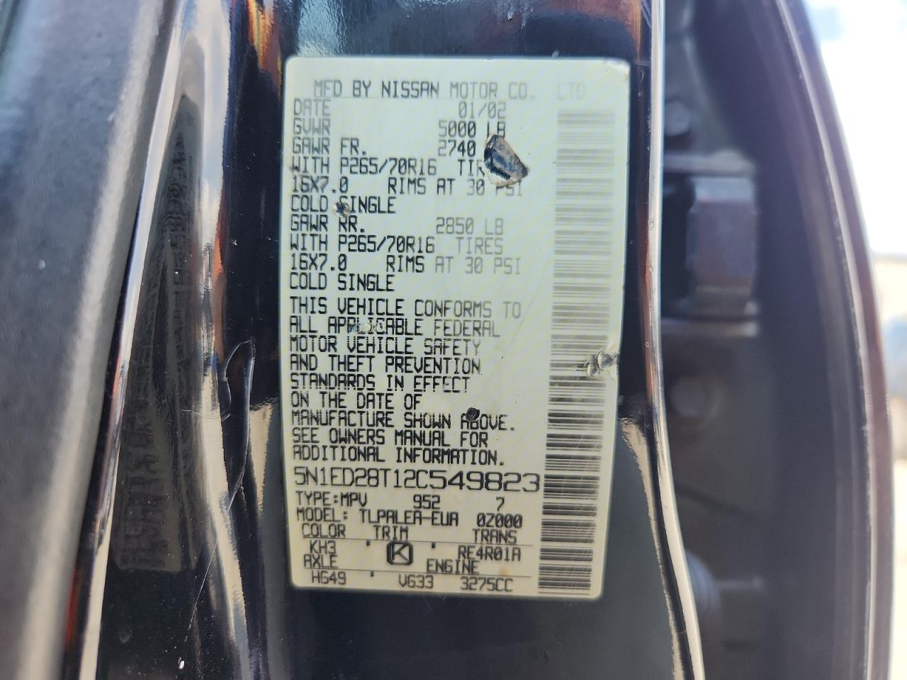 2002 Nissan Xterra Xe VIN: 5N1ED28T12C549823 Lot: 63058235