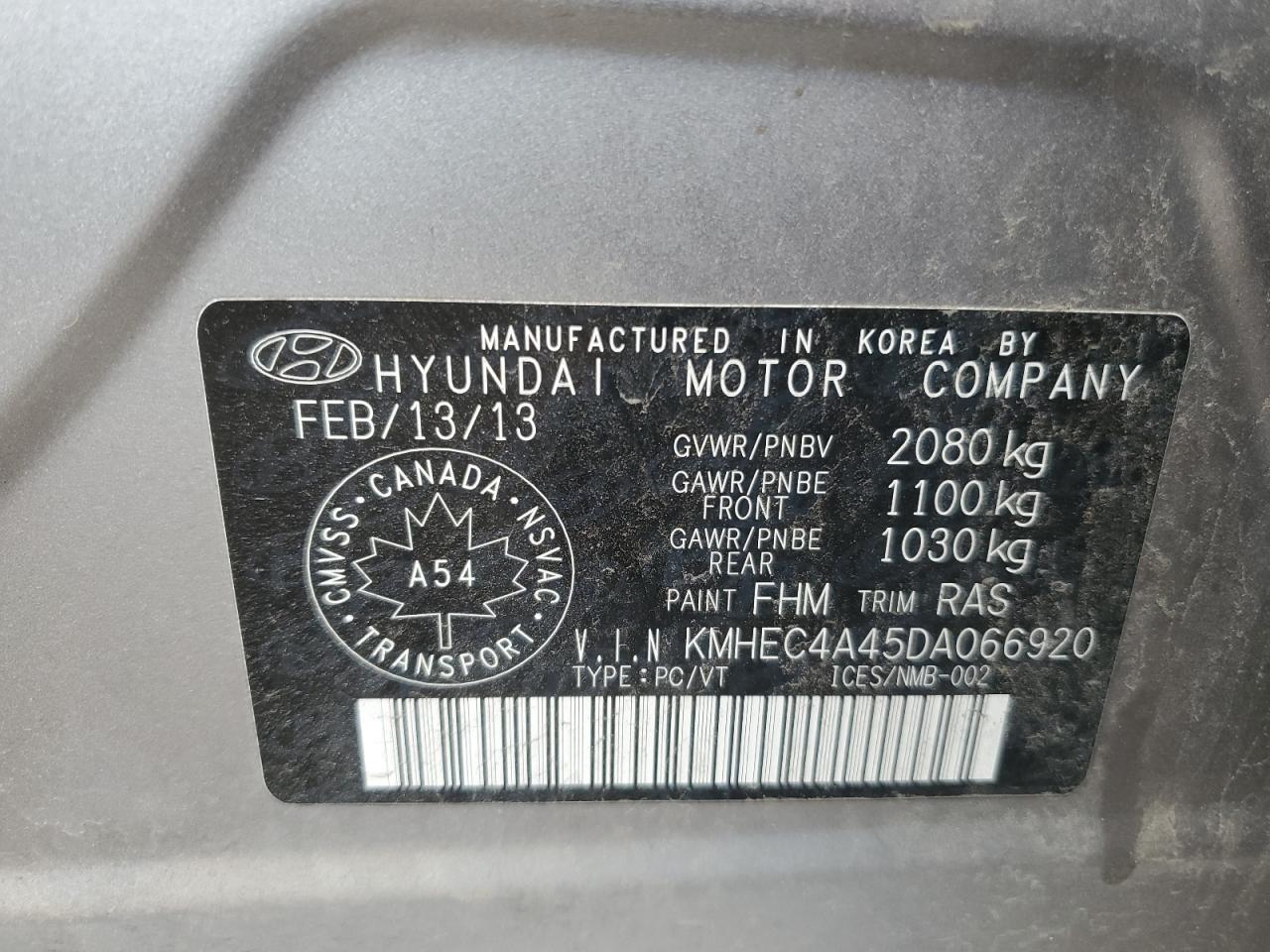 2013 Hyundai Sonata Hybrid VIN: KMHEC4A45DA066920 Lot: 64602435