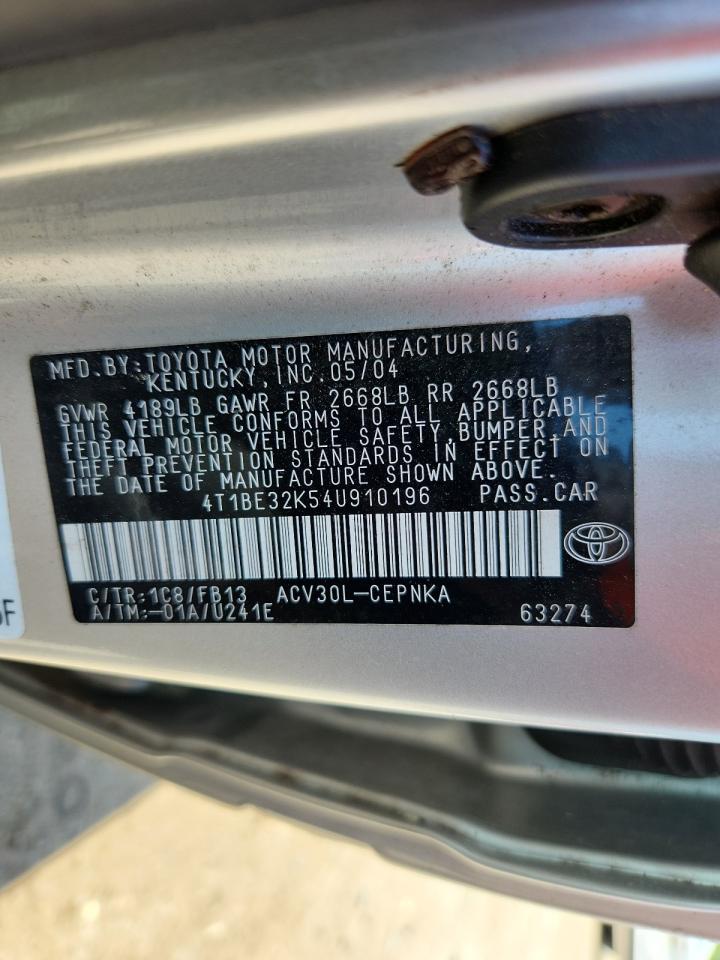 2004 Toyota Camry Le VIN: 4T1BE32K54U910196 Lot: 64400295