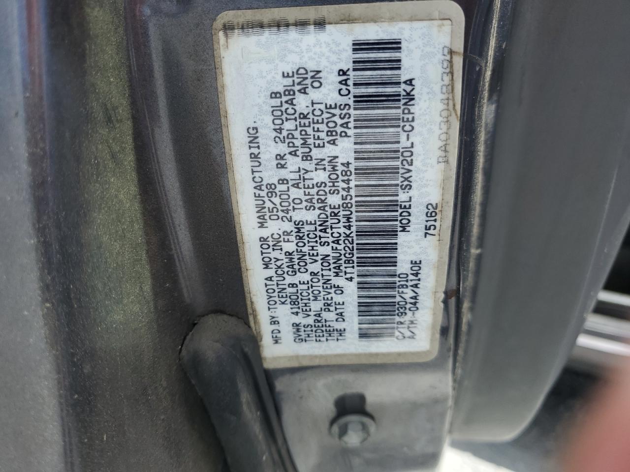 1998 Toyota Camry Ce VIN: 4T1BG22K4WU854484 Lot: 65327255