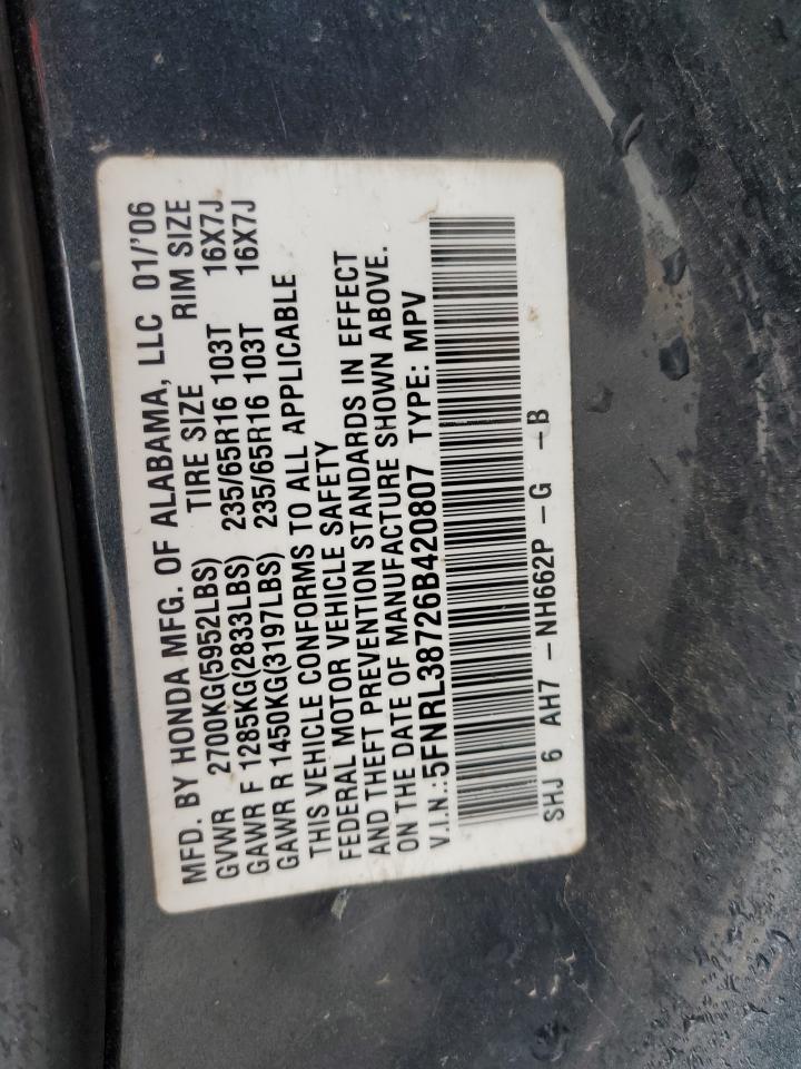 2006 Honda Odyssey Exl VIN: 5FNRL38726B420807 Lot: 64033985