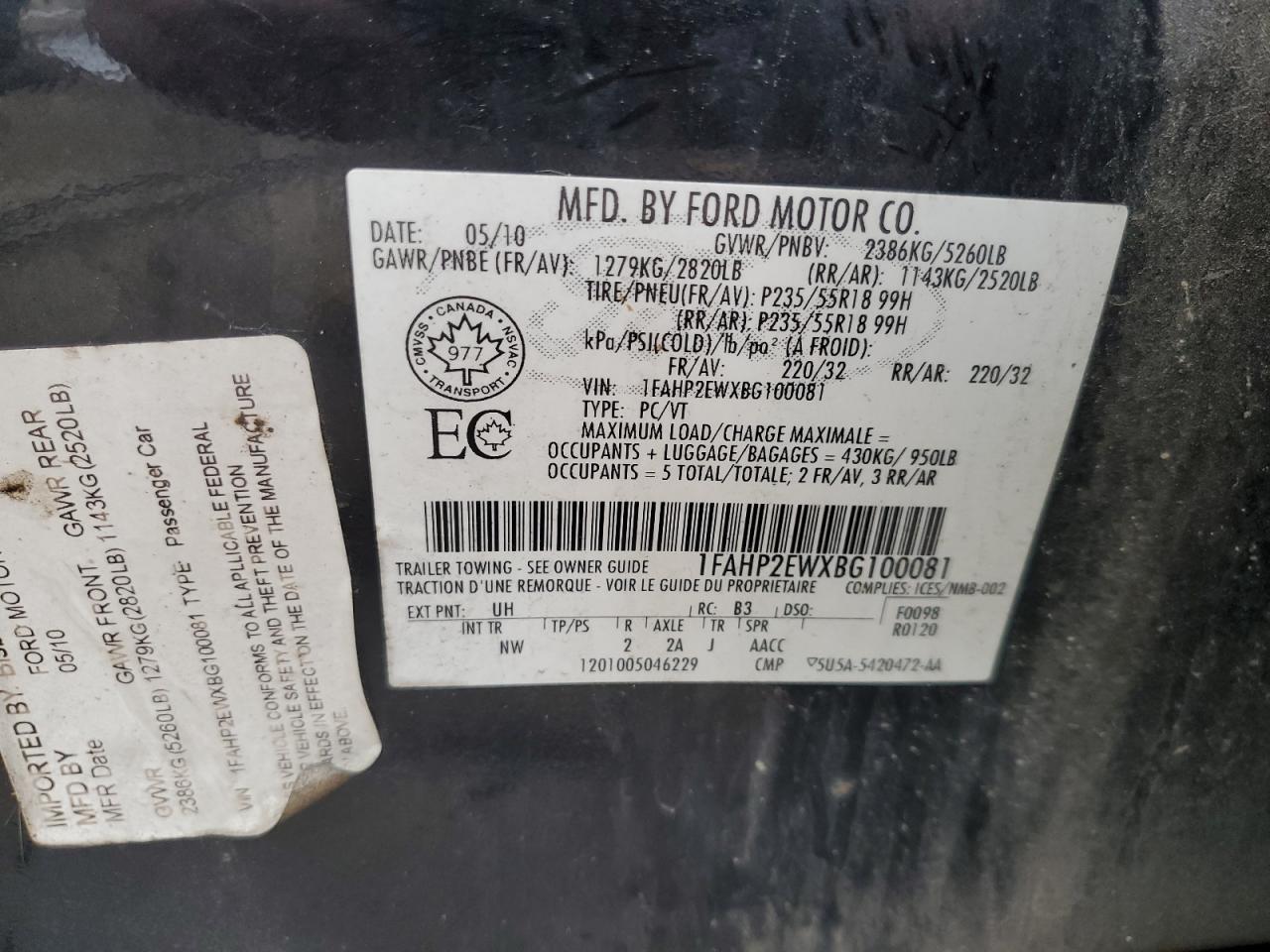 2011 Ford Taurus Sel VIN: 1FAHP2EWXBG100081 Lot: 64946765