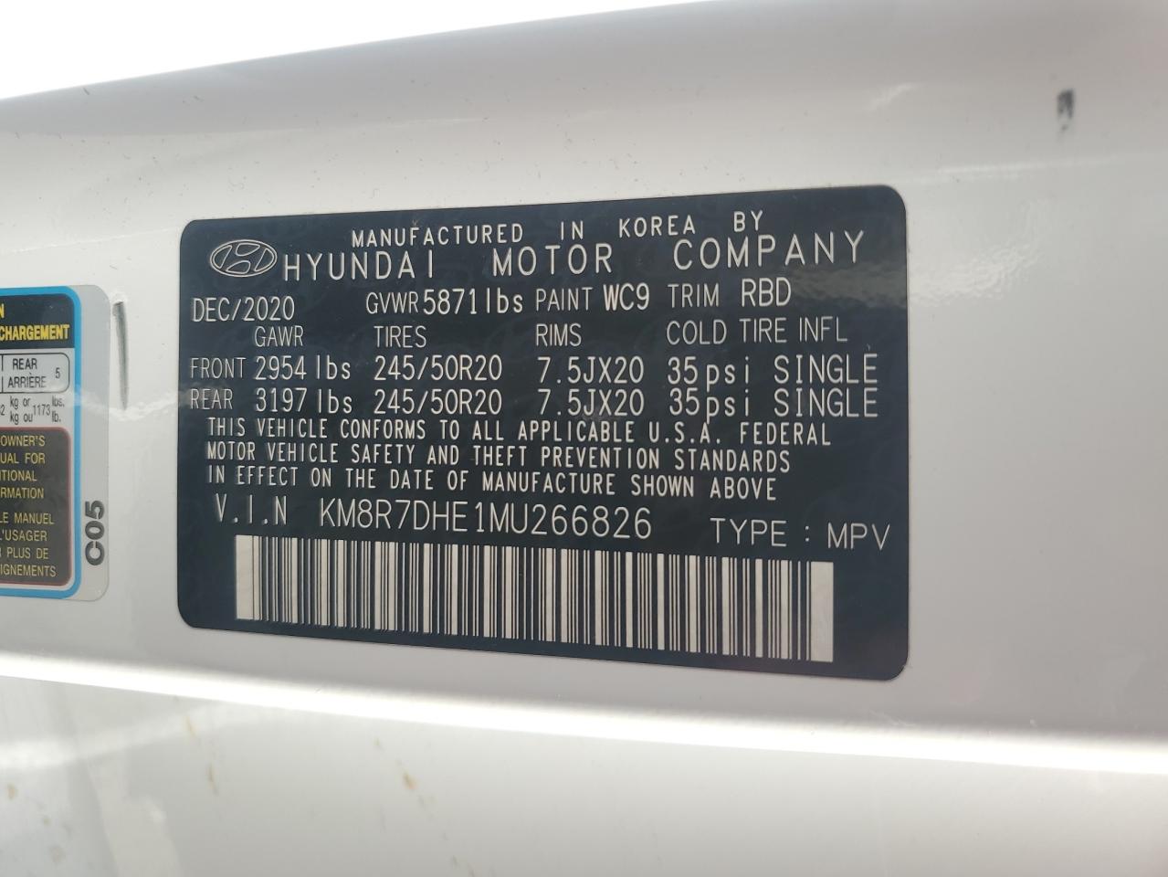 2021 Hyundai Palisade Calligraphy VIN: KM8R7DHE1MU266826 Lot: 64021695