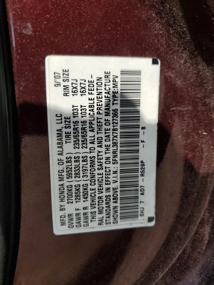2007 Honda Odyssey Exl VIN: 5FNRL387X7B127366 Lot: 64047525