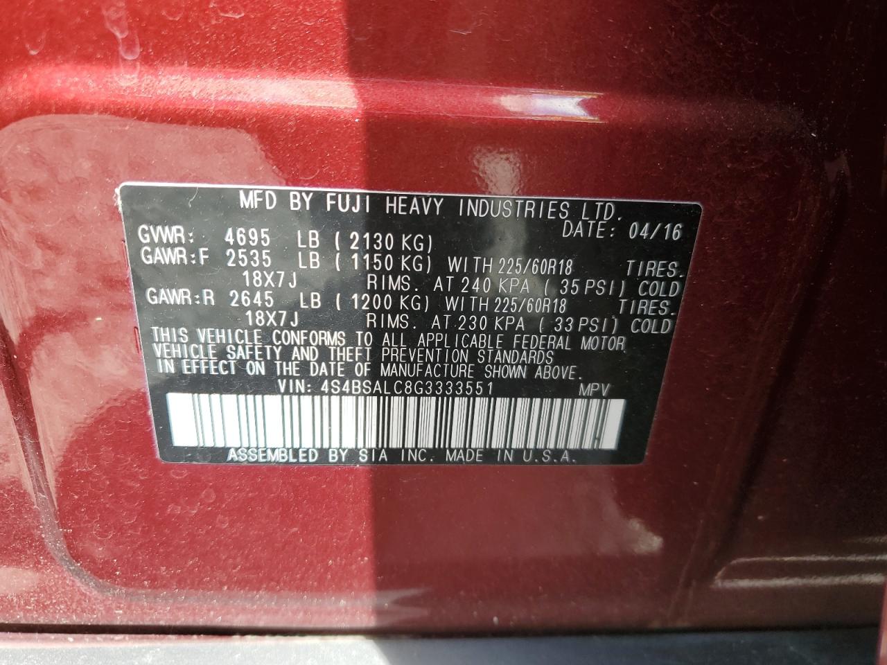 2016 Subaru Outback 2.5I Limited VIN: 4S4BSALC8G3333551 Lot: 63644565