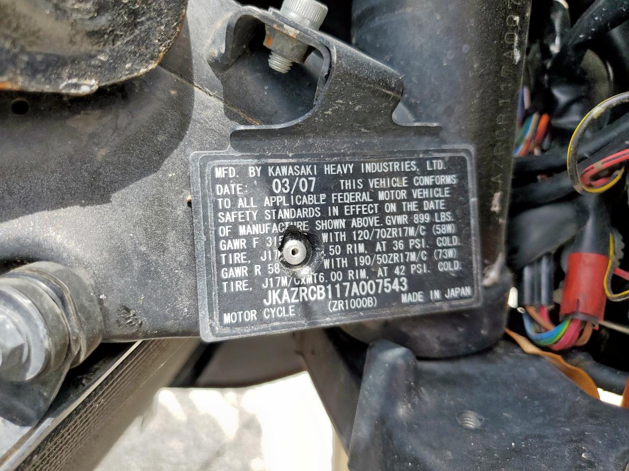 jkazrcb117a007543 JKAZRCB117A007543 2007 Kawasaki Zr1000 B