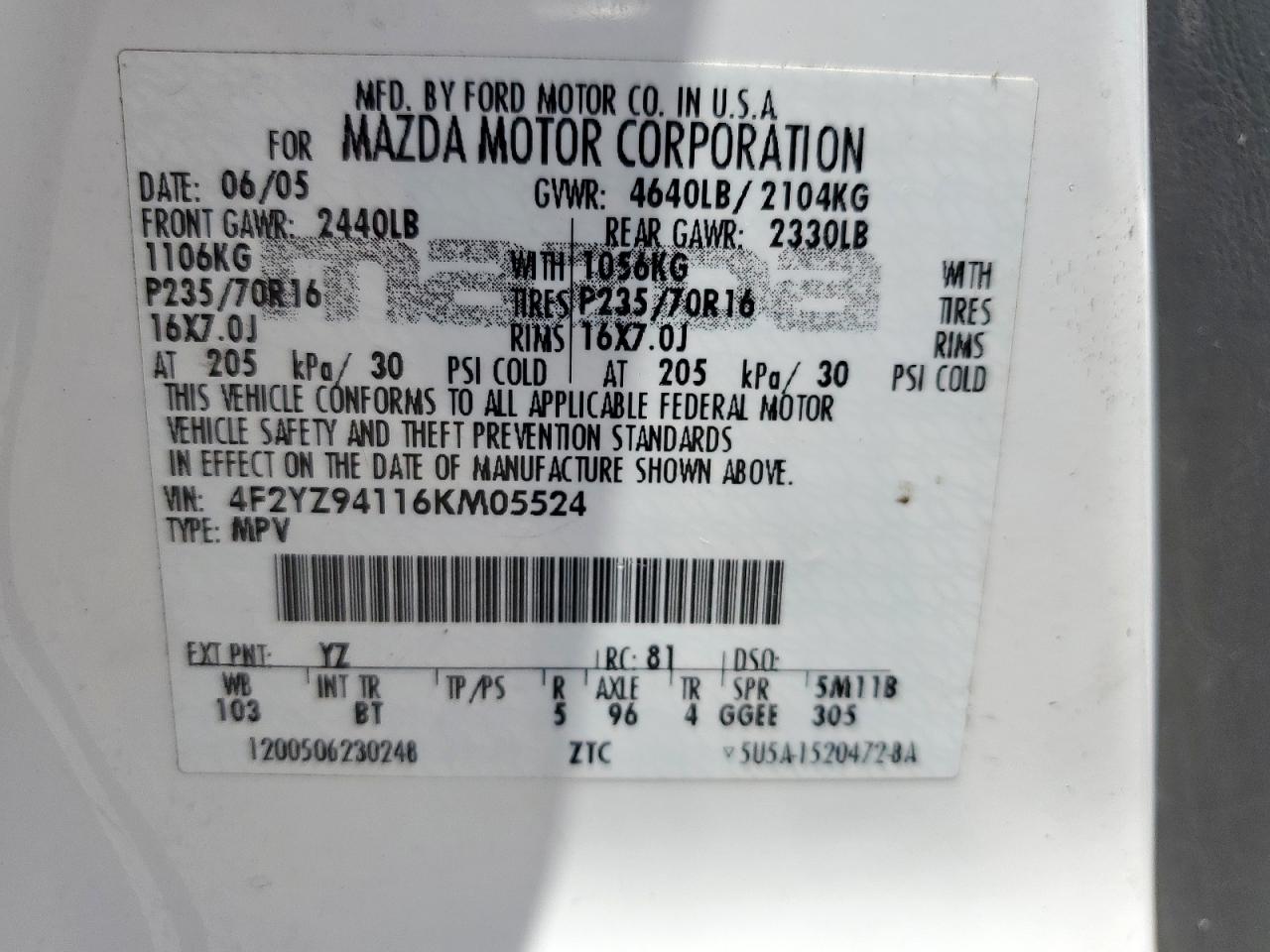 2006 Mazda Tribute S VIN: 4F2YZ94116KM05524 Lot: 64967365