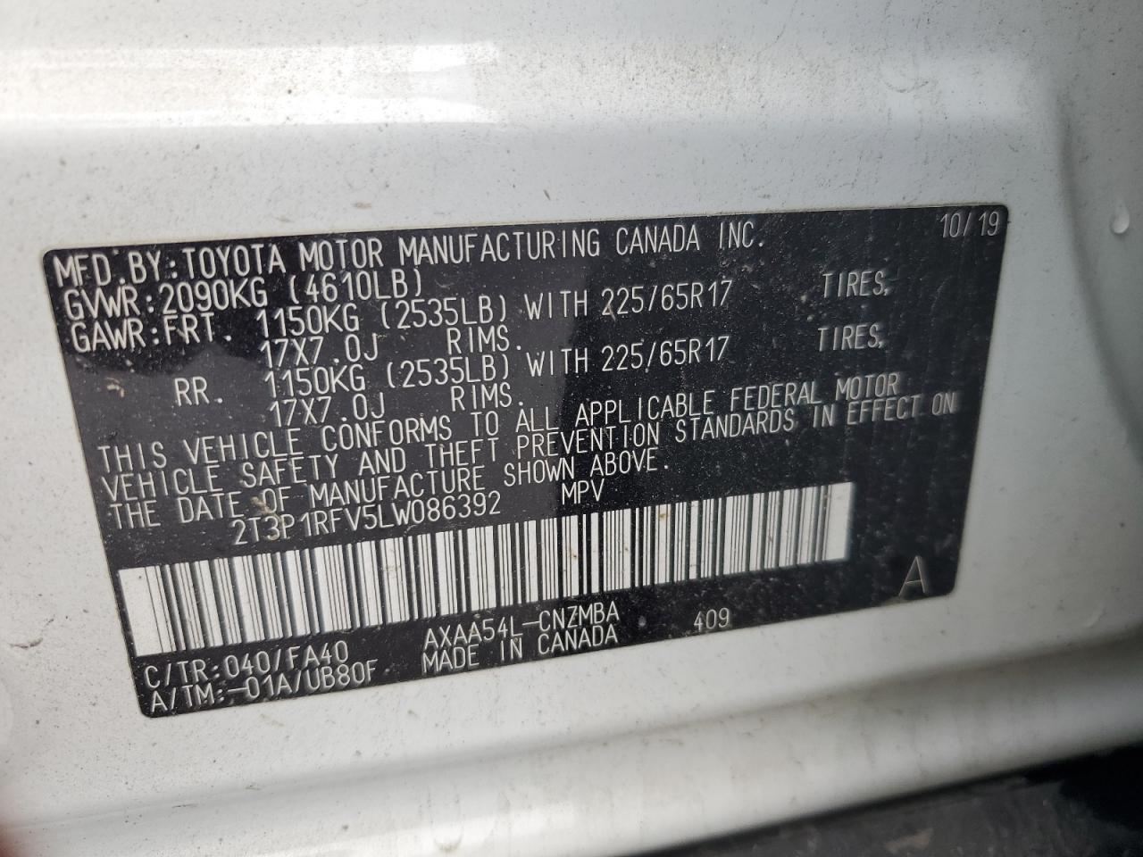 2020 Toyota Rav4 Xle VIN: 2T3P1RFV5LW086392 Lot: 64812135