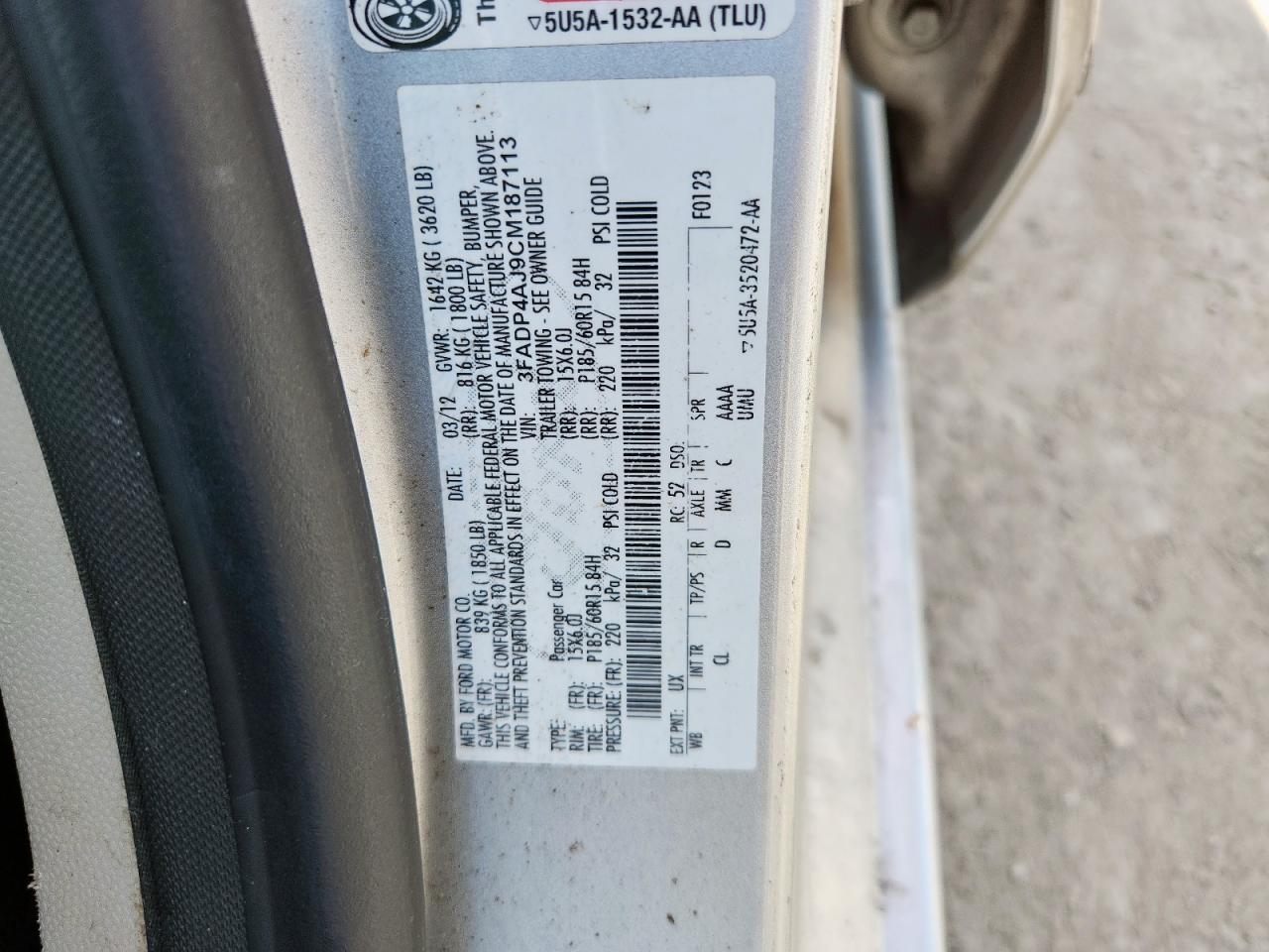 2012 Ford Fiesta S VIN: 3FADP4AJ9CM187113 Lot: 64719765