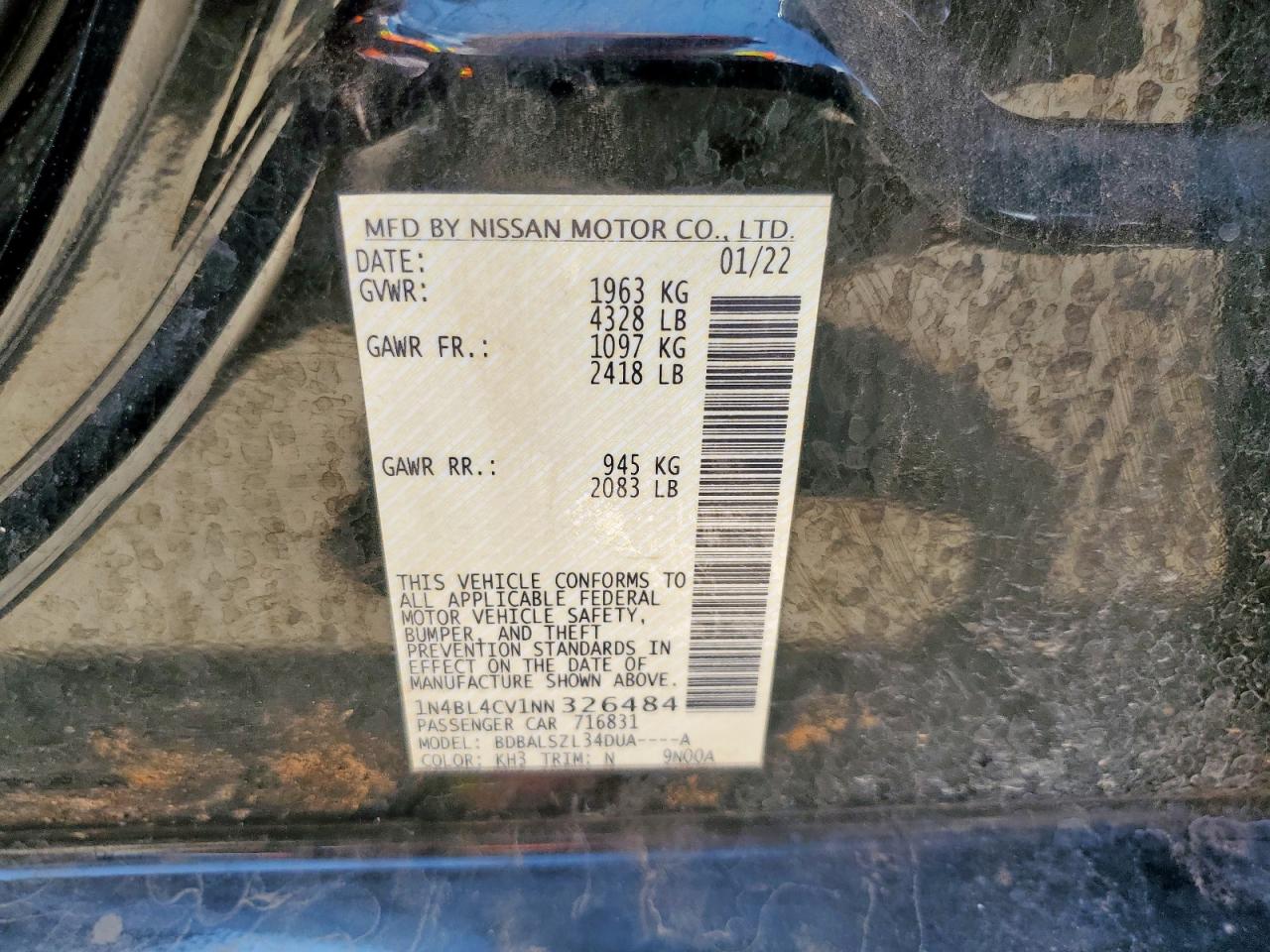 2022 Nissan Altima Sr VIN: 1N4BL4CV1NN326484 Lot: 64851845
