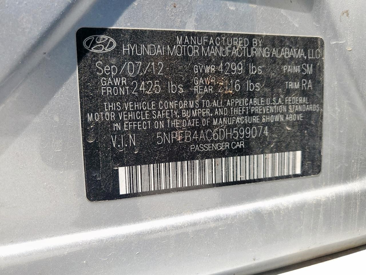 2013 Hyundai Sonata Gls VIN: 5NPEB4AC6DH599074 Lot: 65887565