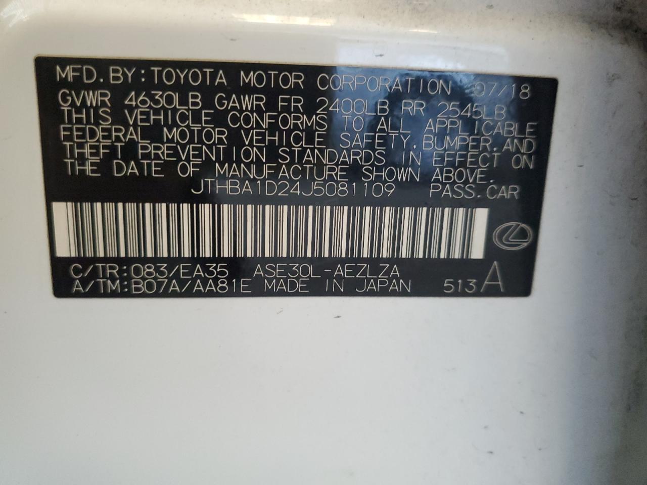 2018 Lexus Is 300 VIN: JTHBA1D24J5081109 Lot: 64825135