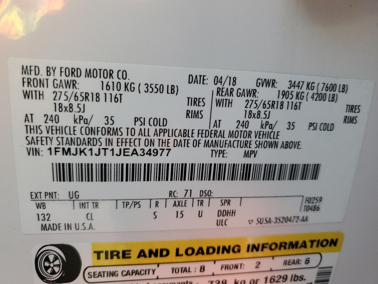 2018 Ford Expedition Max Xlt VIN: 1FMJK1JT1JEA34977 Lot: 65083335