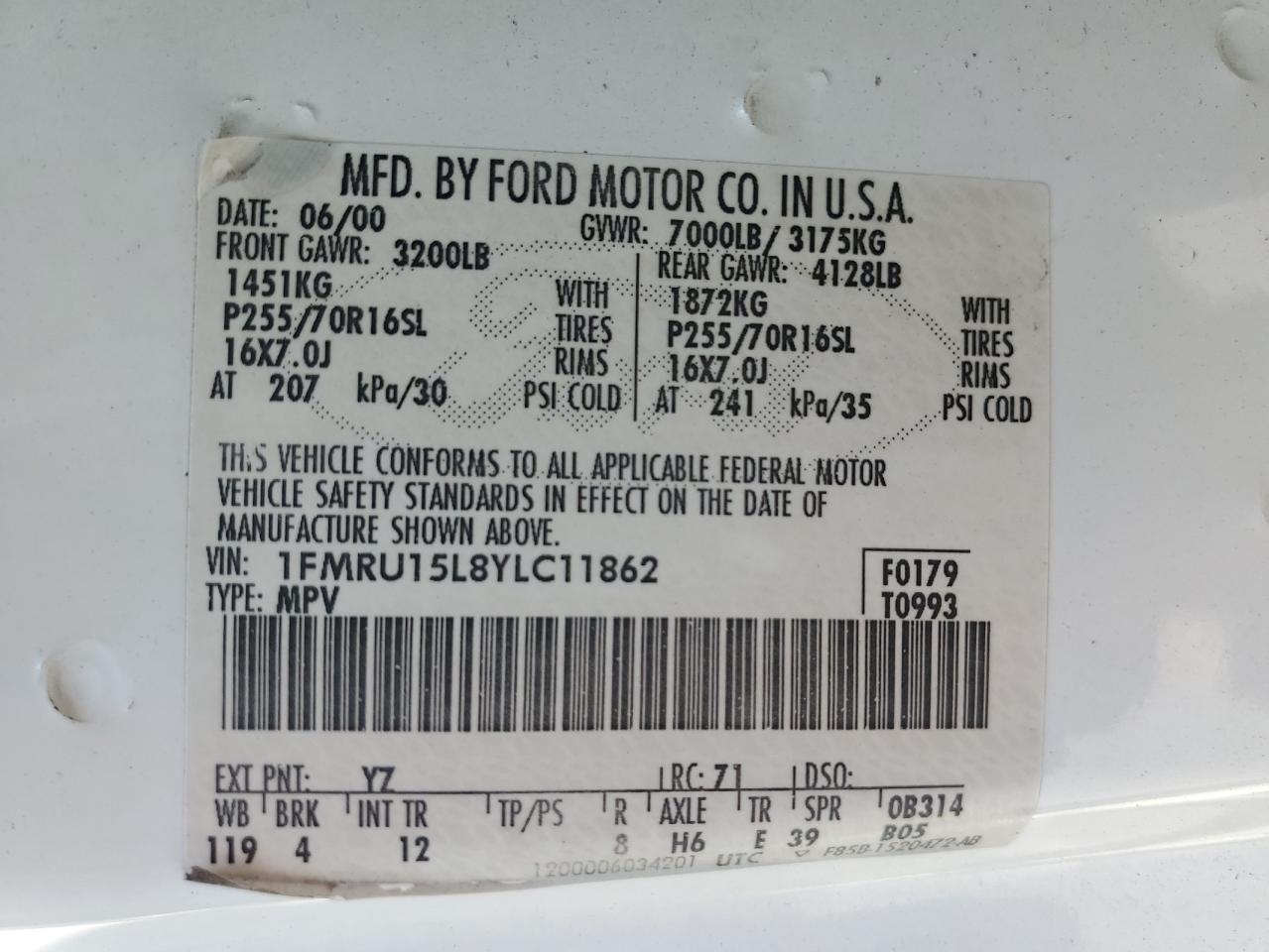 2000 Ford Expedition Xlt VIN: 1FMRU15L8YLC11862 Lot: 63528655