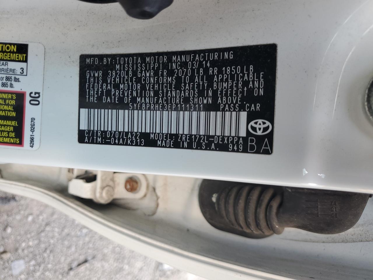 2014 Toyota Corolla Eco VIN: 5YFBPRHE3EP111311 Lot: 63836165