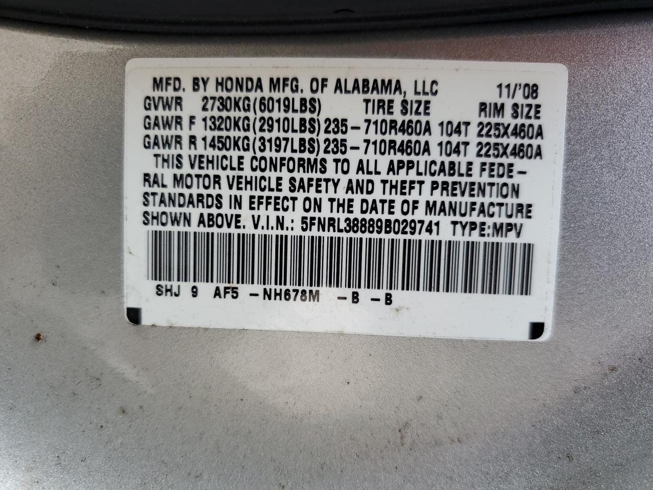 2009 Honda Odyssey Touring VIN: 5FNRL38889B029741 Lot: 64268175