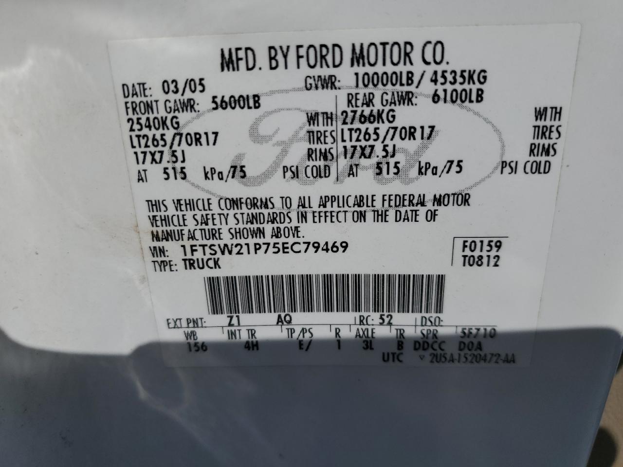 2005 Ford F250 Super Duty VIN: 1FTSW21P75EC79469 Lot: 64676505
