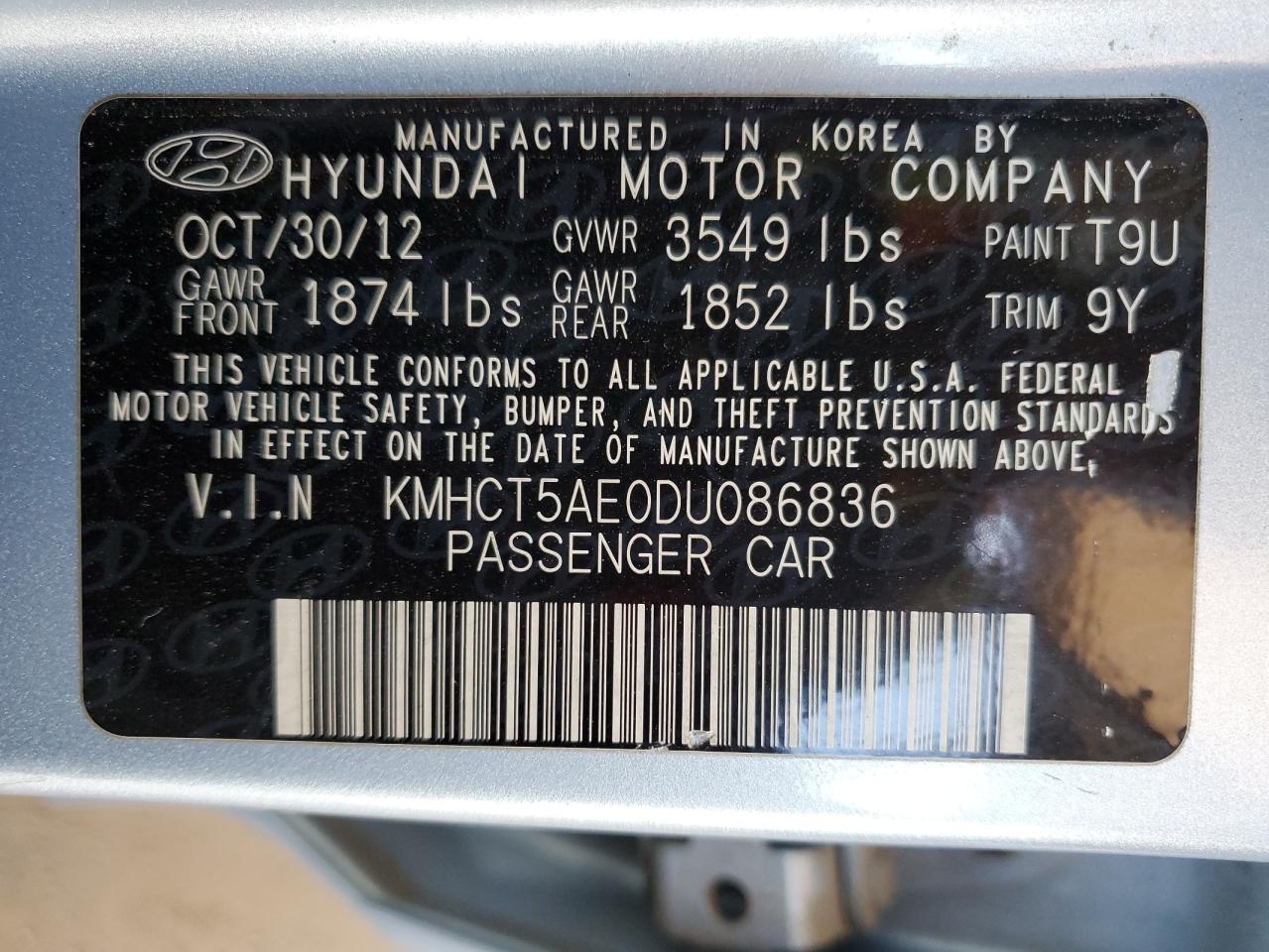 2013 Hyundai Accent Gls VIN: KMHCT5AE0DU086836 Lot: 63597465