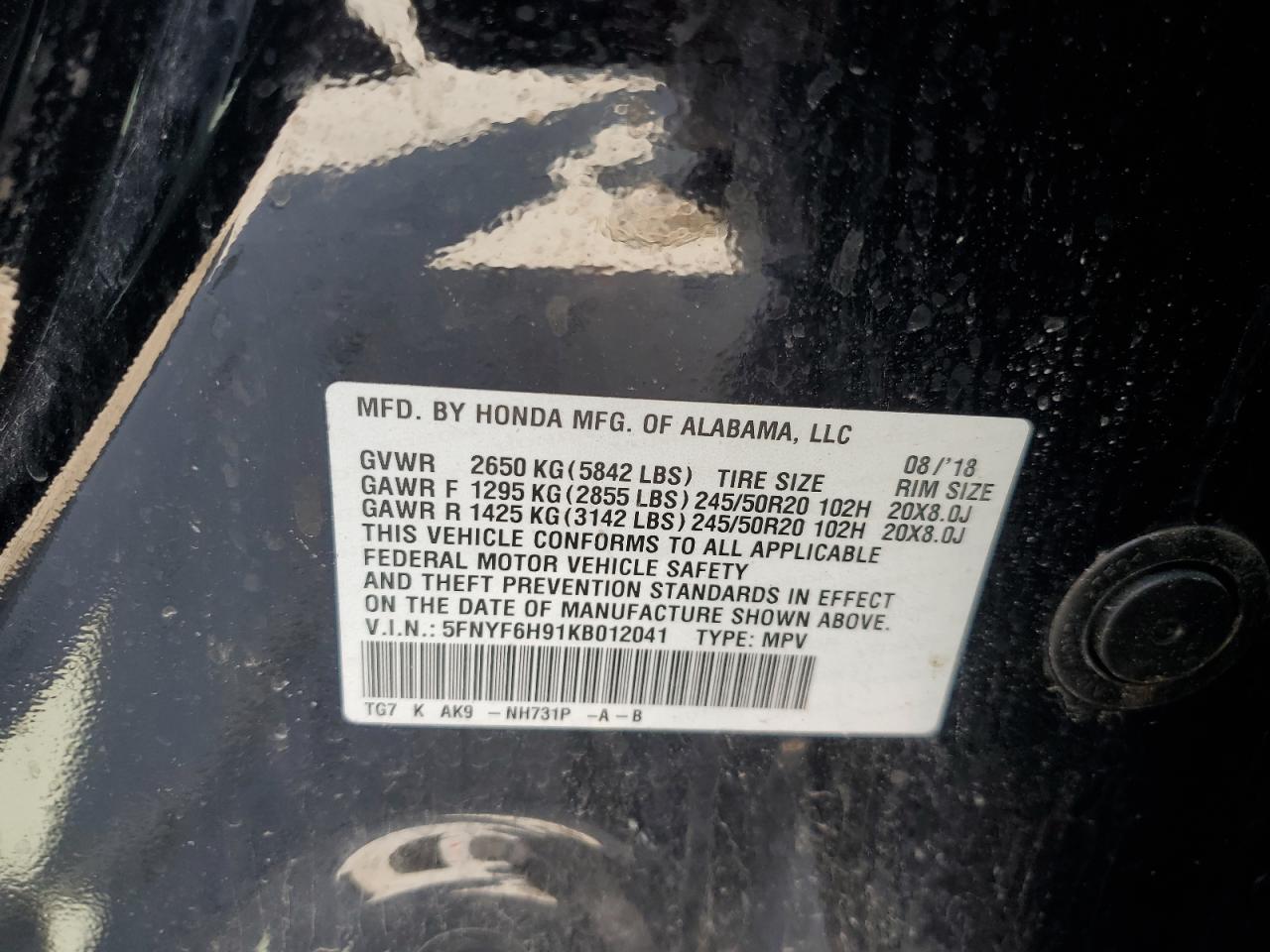 2019 Honda Pilot Touring VIN: 5FNYF6H91KB012041 Lot: 64560875