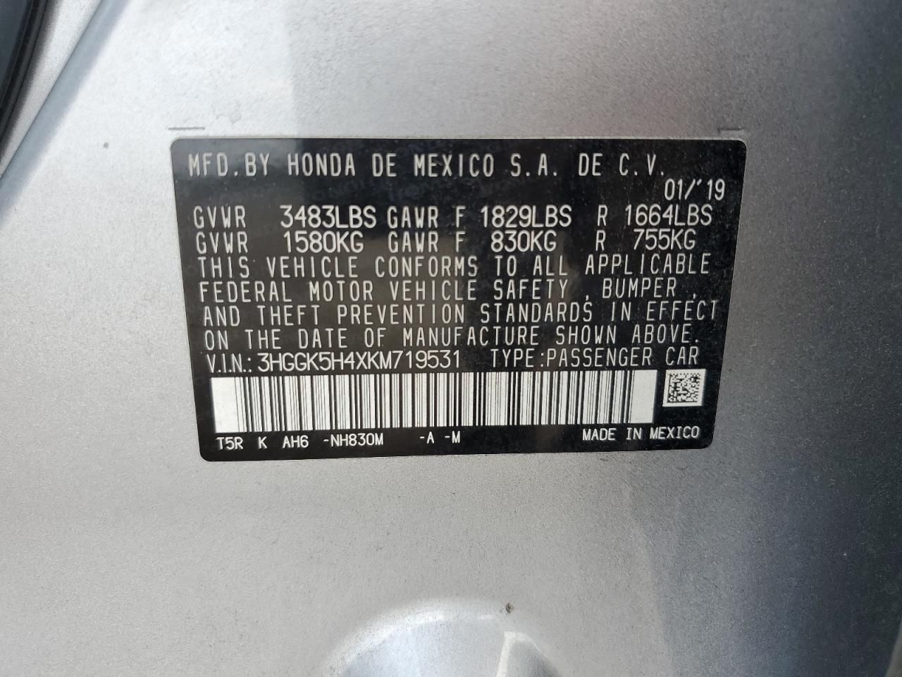 2019 Honda Fit Lx VIN: 3HGGK5H4XKM719531 Lot: 64483375