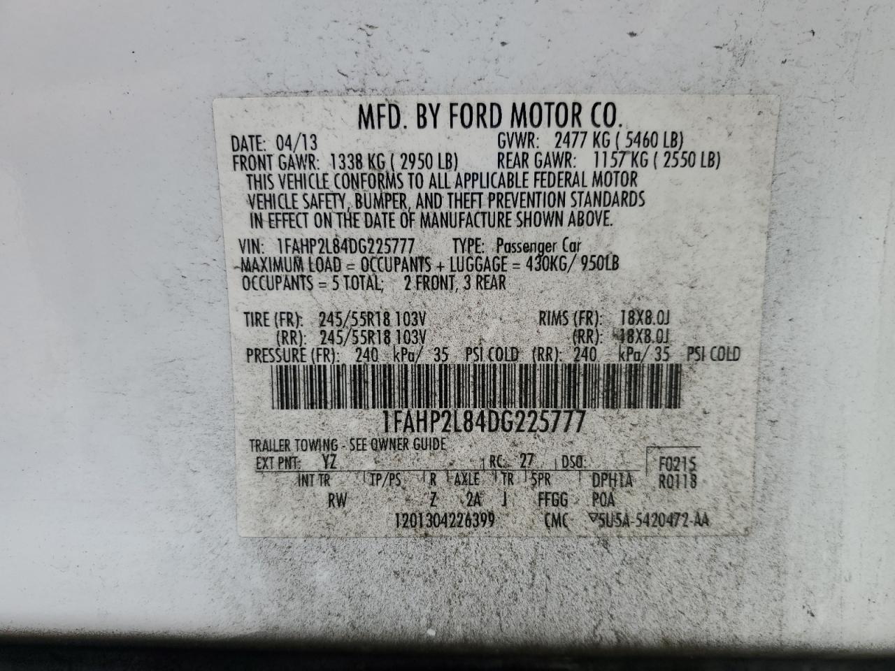 2013 Ford Taurus Police Interceptor VIN: 1FAHP2L84DG225777 Lot: 65068755